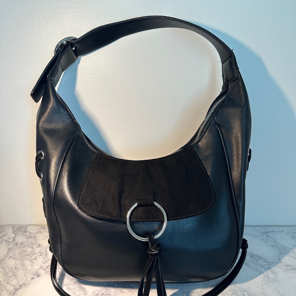 Nine West Black Faux Leather/Suede Hobo